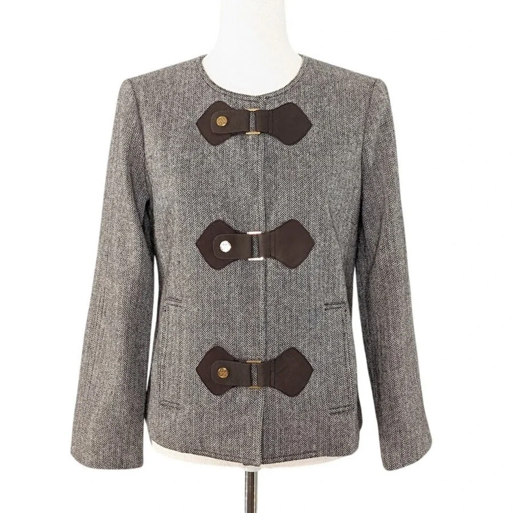 Tory Burch Wool Herringbone Jacket Size 6 Brown Leather Snap Equestrian‎ Luxury